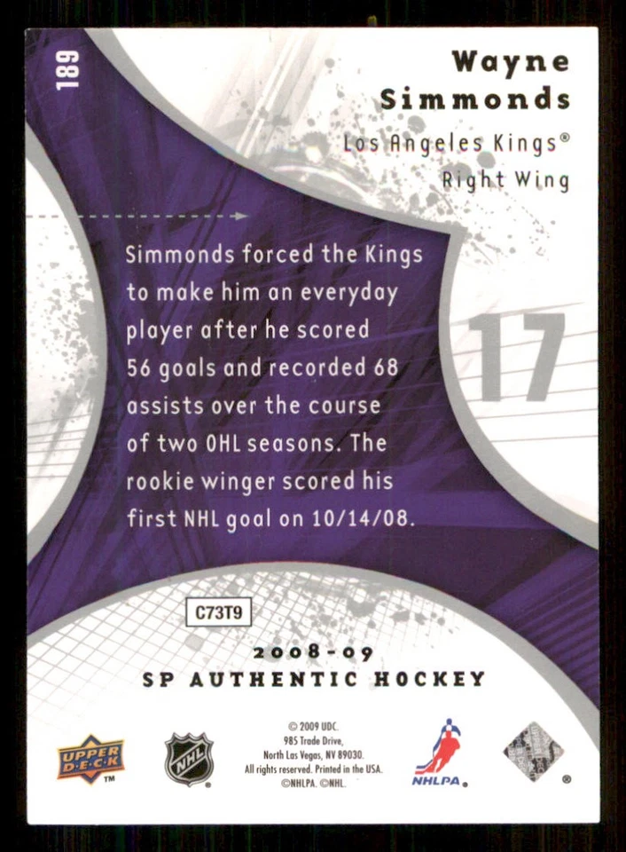 2008-09 SP Authentic #189 Wayne Simmonds RC /999 - Image 2 of 2