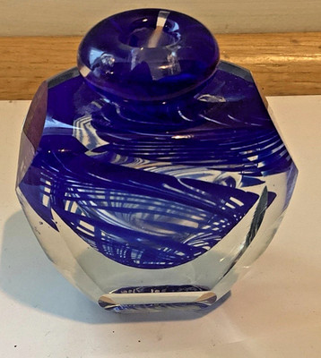 James Clarke Vintage Blue & Clear Glass Perfume Bottle 3  Tall Signed-No Stopper