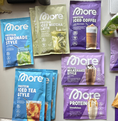 more Protein Pulver Sachets vegan   Iced Coffee, Matcha Latte, Green Apple