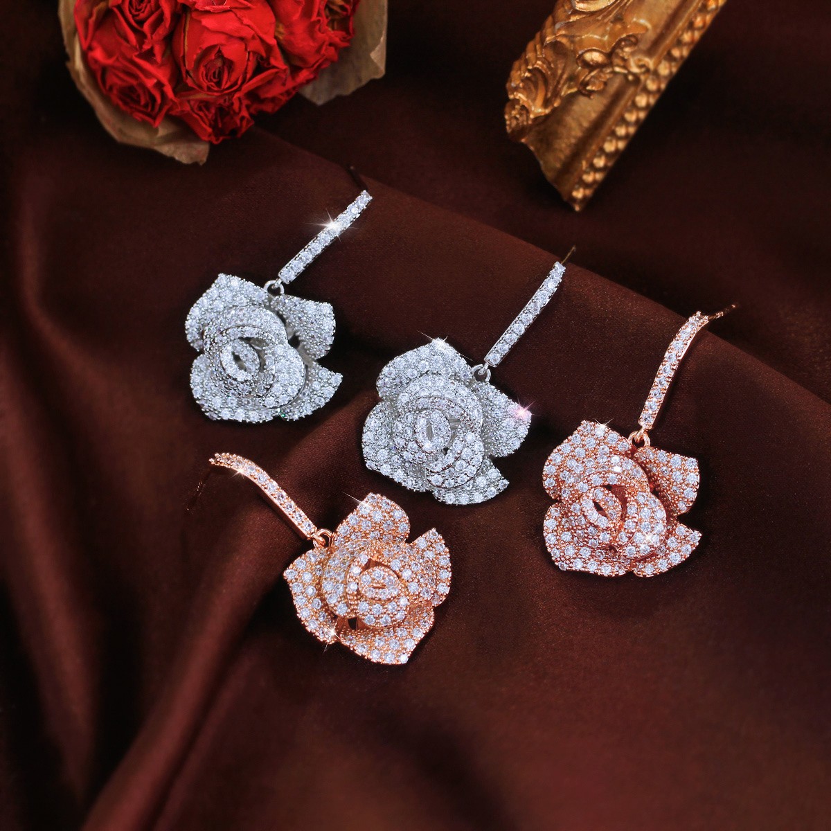 Silver Plated Cubic Zirconia Rose Flower Dangle Drop Earrings Women Wedding Gift