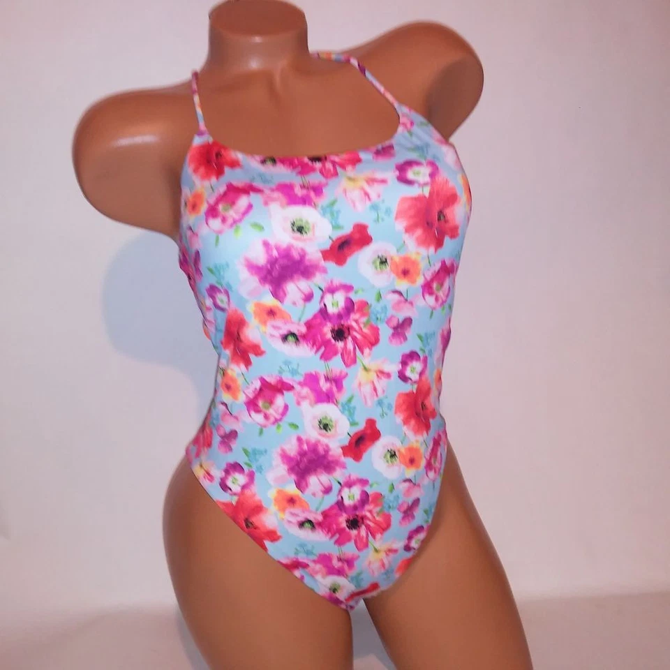 Victoria Secret One Piece Swim Médio Azul Rosa Floral Tiras Traseiras Sem Fio Novo - Imagem 2 de 4