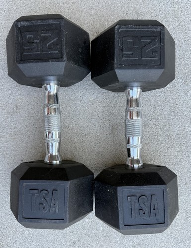 VINTAGE PAIR OF 25 POUND BLACK TSA RUBBERIZED HEX DUMBELLS