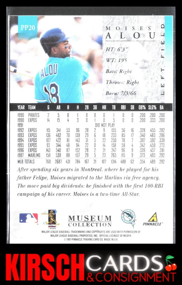 Moises Alou 1998 Pinnacle #PP20 Museum Collection (Florida Marlins) - Image 2 of 2