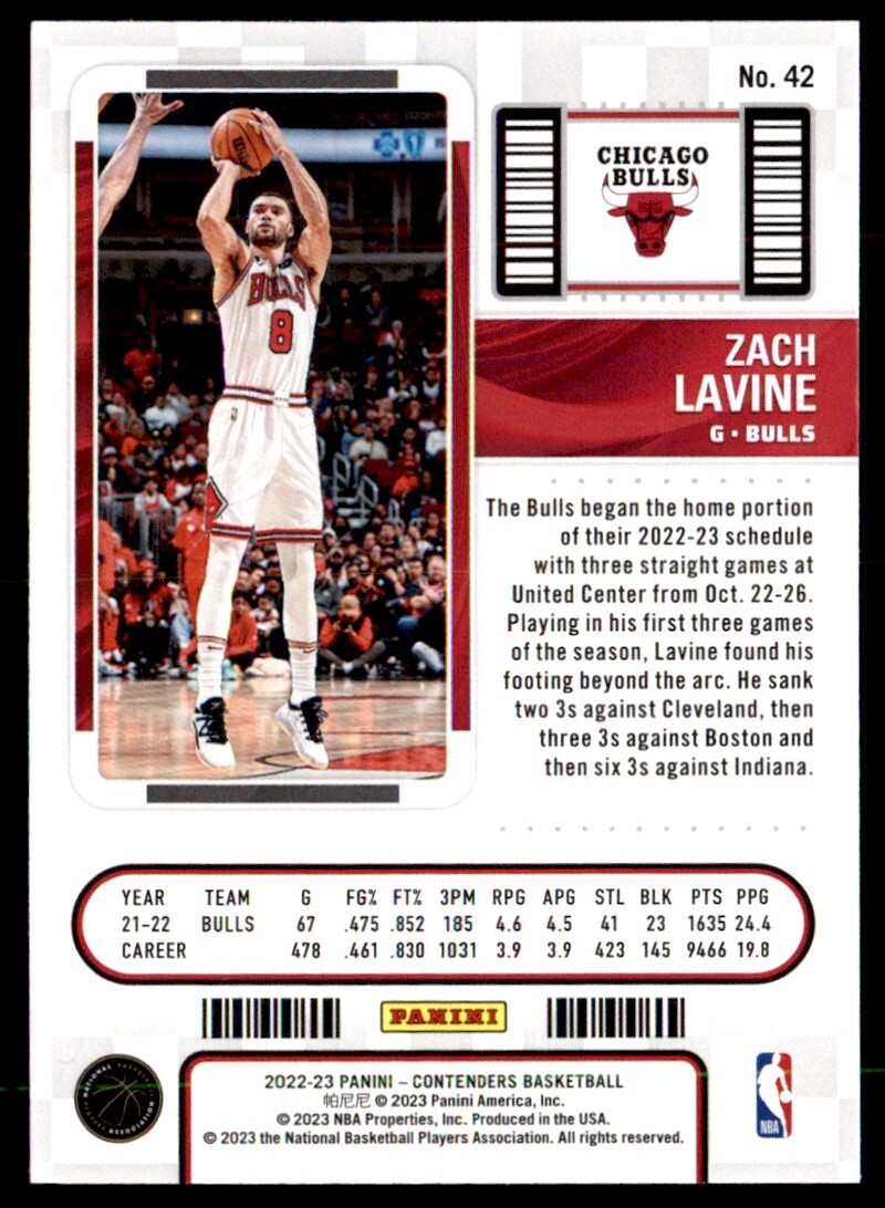 2022-23 Panini Contenders Basketball Season Ticket Zach Lavine #42