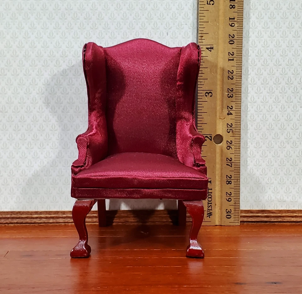 Silla con brazo para casa de muñecas con respaldo de ala borgoña escala 1:12 muebles en miniatura Foto 4 de 4
