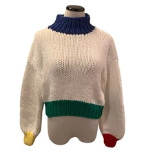 Yllw the label Soho Chunky New Cropped Color Block Trim White Sweater Women's L