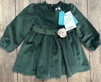 NWT Abel & Lula Gorgeous Baby - Green Velvet Christmas Rose Dress Size 12Months