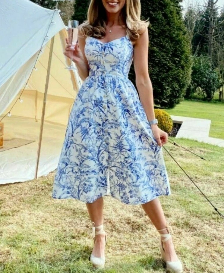 white and blue floral dress