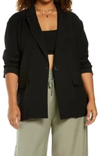 Open Edit Womens Size 3X Black Button Closure Long Sleeve V-Neck Blazer