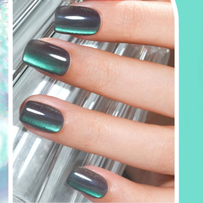 SHORT *CAT EYE AQUARIUS* Full Cover 24 Square Nail Tips Press On Glue Set!