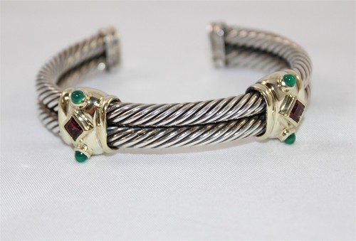 David Yurman Renaissance Sterling & 14K Double Row Cable Gemstone Cuff Bracelet