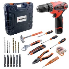 33 Picce Orange Tool Kit with 12V Cordless Drill, Tool Box with Drill, Hand D...