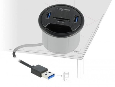DeLOCK 2 Port Tisch-Hub 2 x SuperSpeed USB Typ-A und Card Reader für SD
