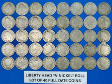 Liberty Head V Nickel Roll Lot of 40 FULL DATE Coins Dated 1900-1912
