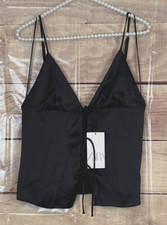Zara Women M Black Satin Tank Cami 3-Tie Up Front Spaghetti Adjustable Straps