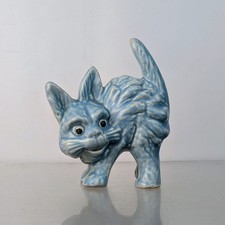 Sylvac Style Scaredy Scary Cat Vintage Retro Blue Pottery Figure Mid Century