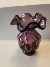 FENTON Vtg Amethyst Purple Glass Vase 5” Melon Shape Ruffle Rim