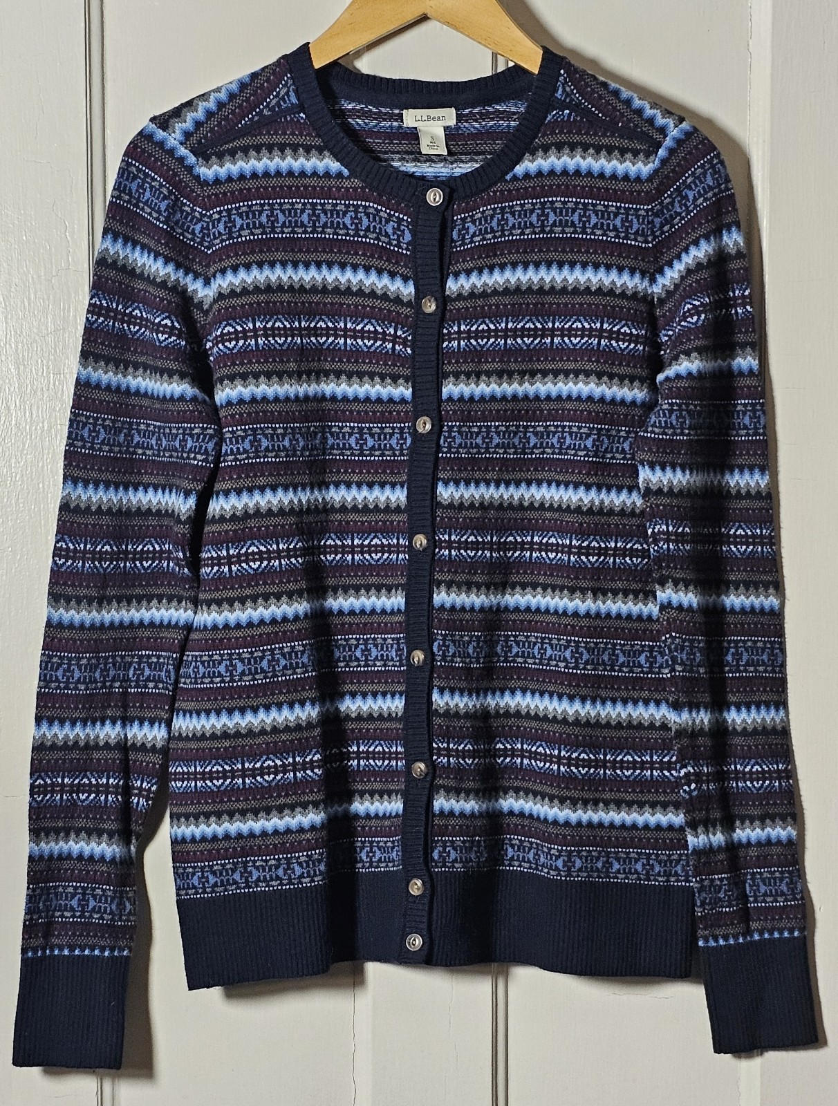 Blue fair isle patterned cashmere cardigan sweater