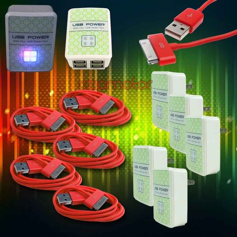 5X 4 USB PORT HUB WANDADAPTER + 3FT KABEL LADEGERÄT DATEN ROT FÜR IPHONE IPOD IPAD
