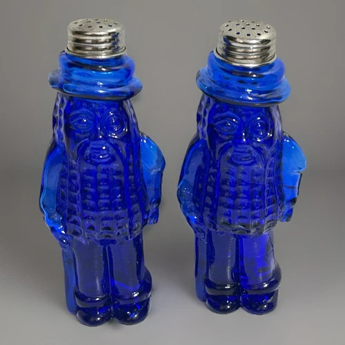 Vintage MR. PEANUT Salt & Pepper Shakers Planters Cobalt Blue Glass