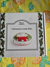 See's Candies Ceramic Christmas Covered Candy Dish Holly & Berries Bowl Red Bow