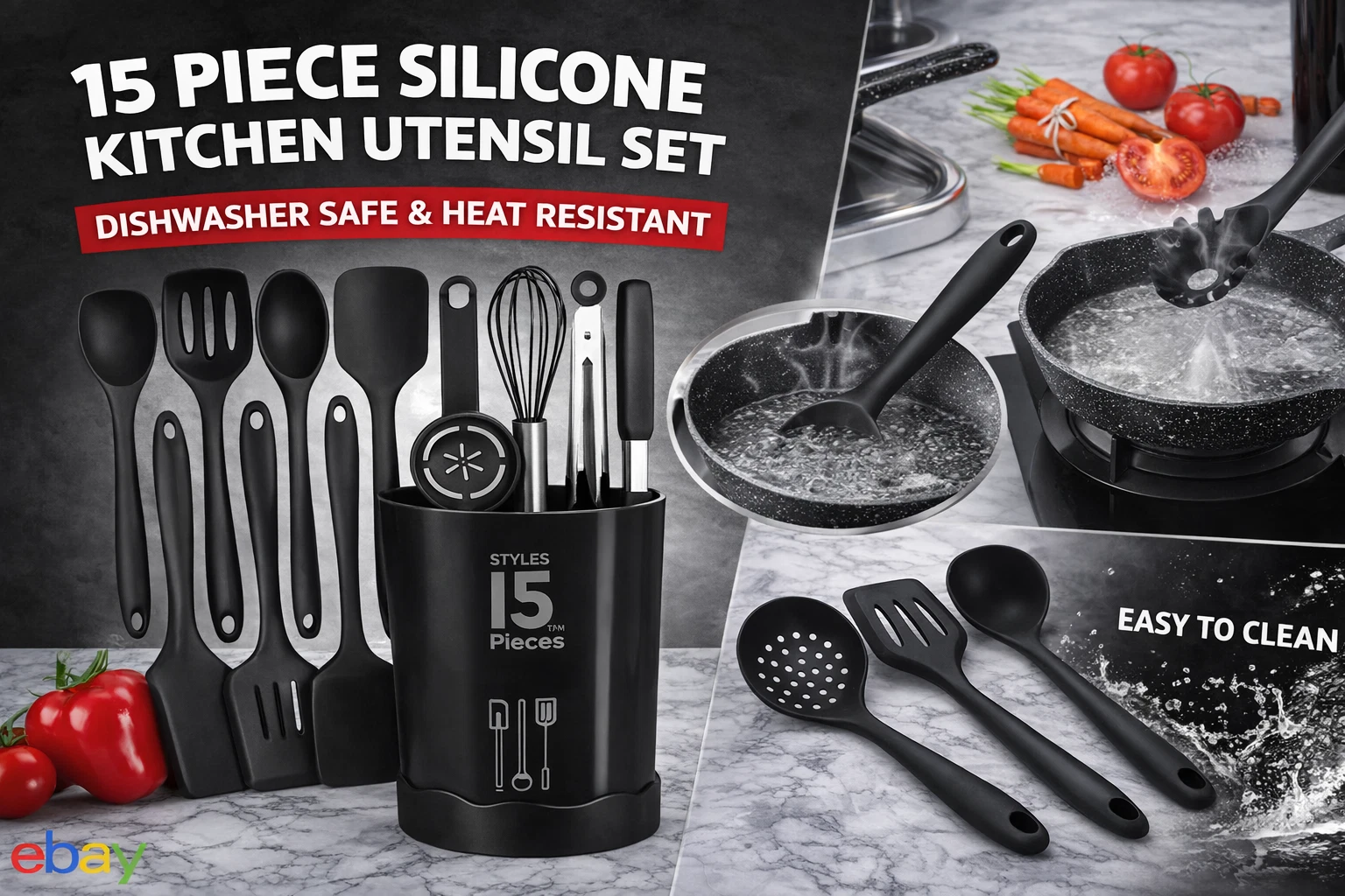 15pc Silicone Kitchen Utensil Set Heat Resistant Nonstick Dishwasher Safe