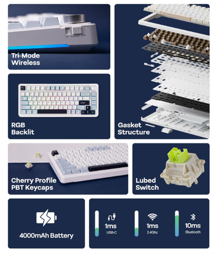 Wireless Mechanical Keyboard, 2.4GHz/USB/BT5.0 Gaming Keyboard,Creamy Gasket,RGB - Photo 4/10