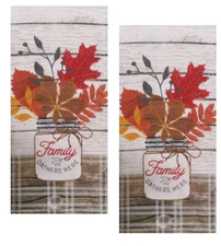 Set/2 FAMILY GATHERS HERE Fall Towel Dual Purpose Flat Weave Front Terry Back