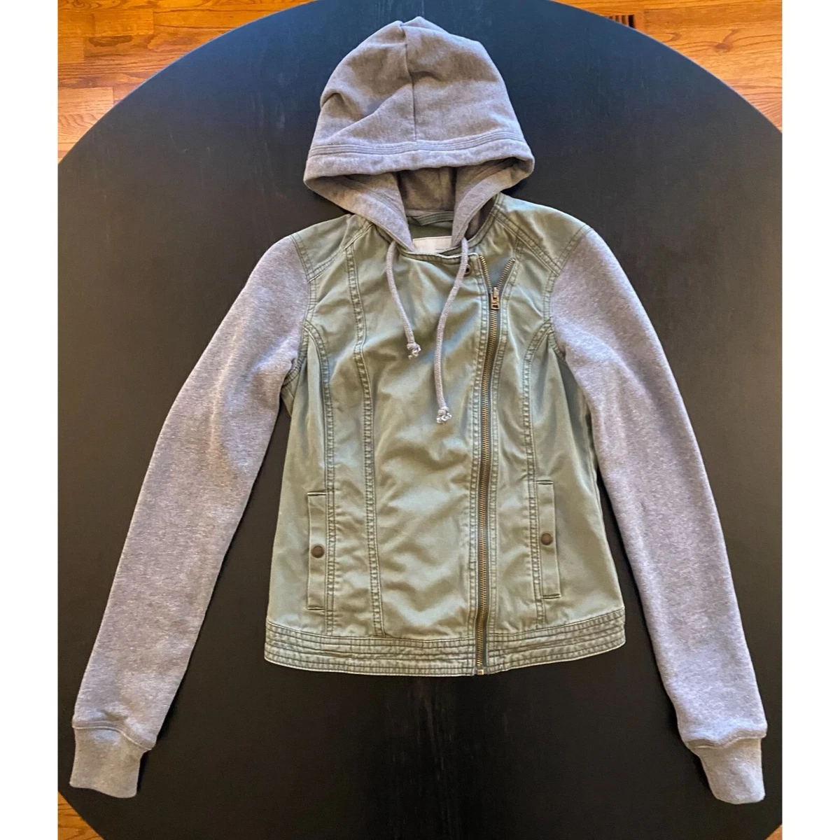 Hollister Cargo Jacket Womens XS Green Gray Cotton Full Zip Hoodie