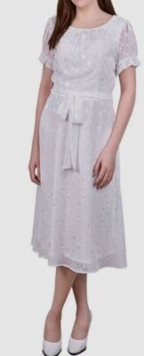 NY Collection Women Ivory Swiss Dot Self-Tie A-Line Dress Pettie Size PS