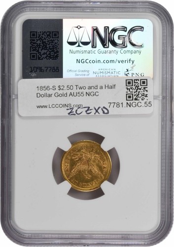 Cabeza Liberty de oro 1856-S $2,50 AU55 NGC - Imagen 2 de 4