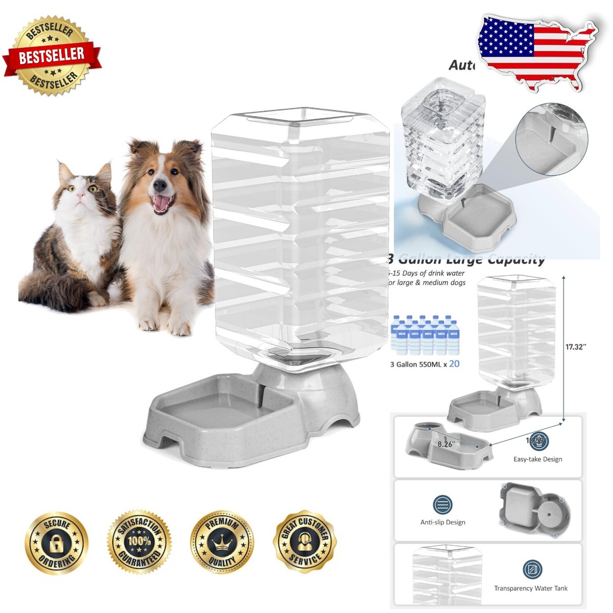 Dog Water Fountain Flexzion Gravity Pet Water Dispenser, Automatic