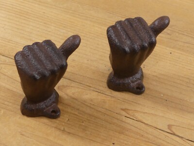 2 Cast Iron Hand Wall Mounted Hook Door Knob Pulls Thumbs Up Drawer Pull Heavy