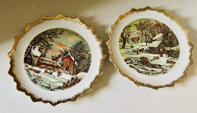 VTG set Of 2 Courier & Ives 7  Decorative Plates Winter Scenes Log Cabin & Farm