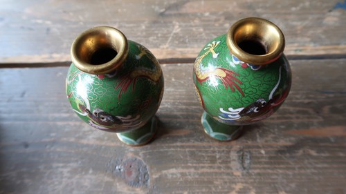 Pair of Antique Dragon Cloisonne Vases 4" Tall - Picture 4 of 12