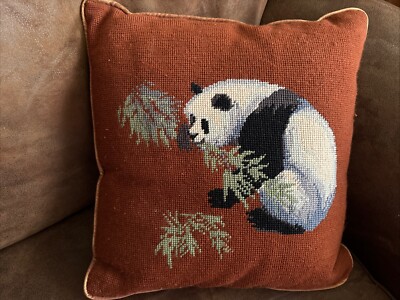 Needlepoint Throw Pillow Vintage Panda Bear Design Zipper Opening
