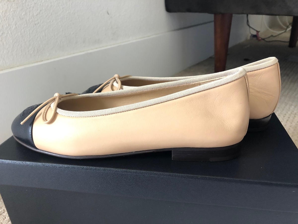 New in box Chanel Size 37 Beige/Black Lambskin Cap Toe
