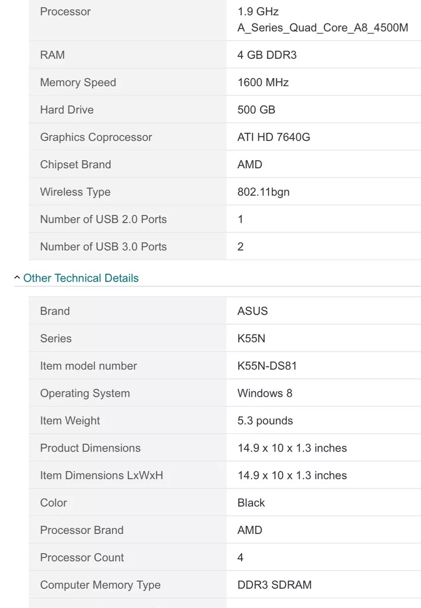 Asus K55N 15.6" HD Laptop AMD A8-4500M Quad Core 4GB 500GB Win-10.