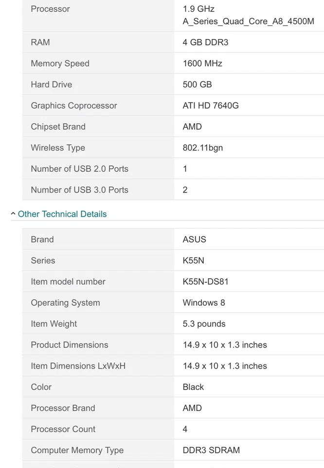Laptop Asus K55N 15.6" HD AMD A8-4500M Quad Core 4GB 500GB Win-10 DVD Web-Cam BT Foto 2 de 2