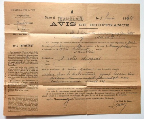 Ancien document Chemins de fer de l'est Avis de Souffrance non livraison 1934 - Picture 2 of 2