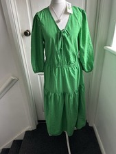 M&S Green Textured Tie Neck Tiered Waisted Midi Dress Size 12 BNWT