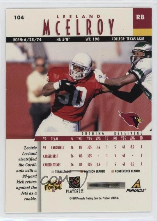 1997 Pinnacle Leeland McElroy #104 - Image 2 of 2