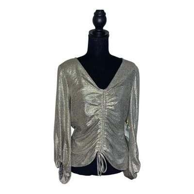 Cece NWT M Women Beige Metallic Long Sleeve Ruched Evening Shirt #2107D