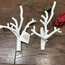 2pc Set Decorative Metal Deer Antlers Hanger-Sturdy Wall Hooks White New 9”