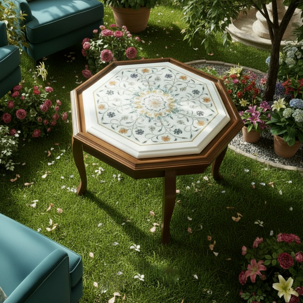 Luxury White Marble Coffee Table Semi Precious Inlay Stone Art Handmade Decor