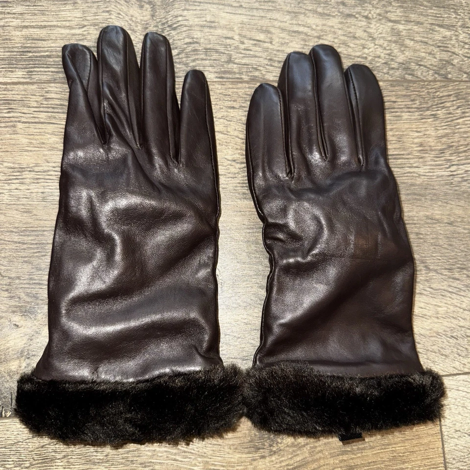 Guantes de Colección Aris Para Mujer 100% Cuero Genuino Con Borde de Piel Negro Marrón Talla M Foto 4 de 4