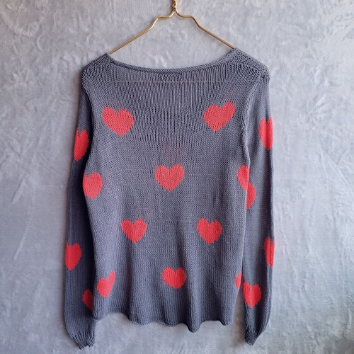 WOODEN SHIPS Besotted Hearts V Neck Knit Sweater Size XS Gray Red - Picture 5 of 8