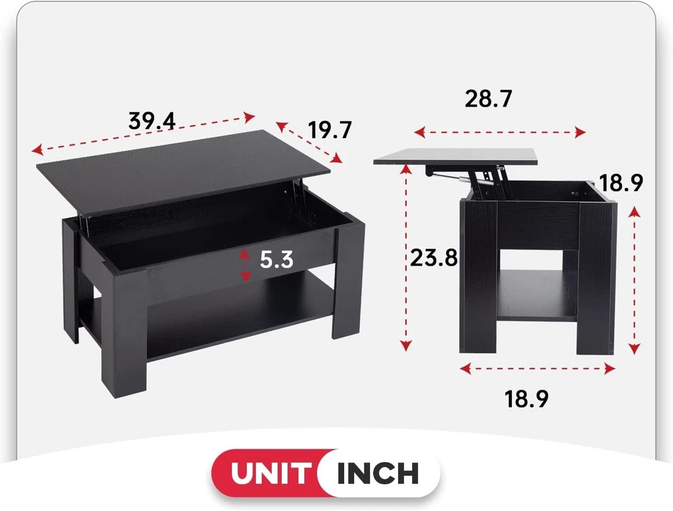Mesa de centro elevatória de madeira 39,4" com compartimento oculto e prateleira de armazenamento - Imagem 2 de 4