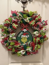Handmade Deco Mesh Grinch Christmas Wreath for Front Door With Wooden Sign