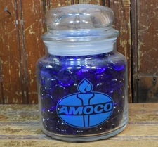 AMOCO MOTOR OIL PINT CANDY JAR FULL OF BLUE GLASS BEADS SIGN VINTAGE 1980s DECOR